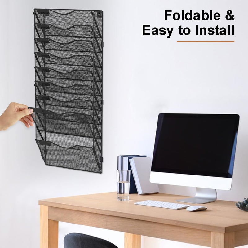 BOHDK 10 Pocket Mesh Hanging Wall File Organizer, Wall Mounted Mail Paper Document Folder Holder, Foldable File Folder Organizer with Label Panel | 2 Hooks | Office Home School Organizer, Black - Image 4